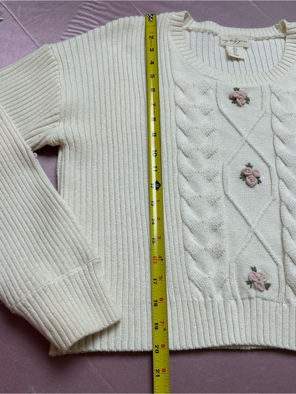 Cream Cable Cotton Knit Sweater with Pink Rose Embroidery L - Picture 7 of 8